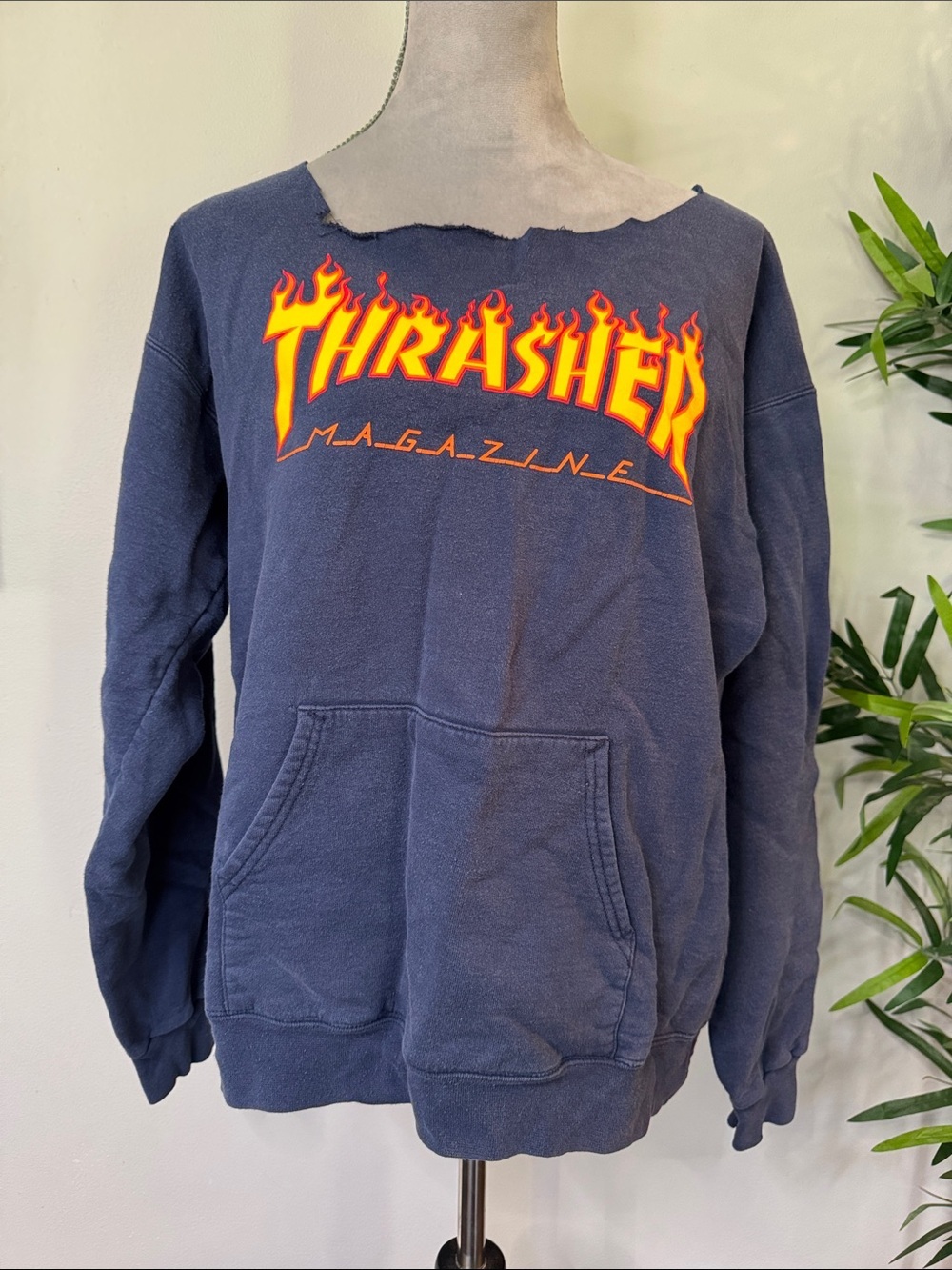 Thrasher Navy handmade Crewneck with Yellow-Orange Flame Logo M